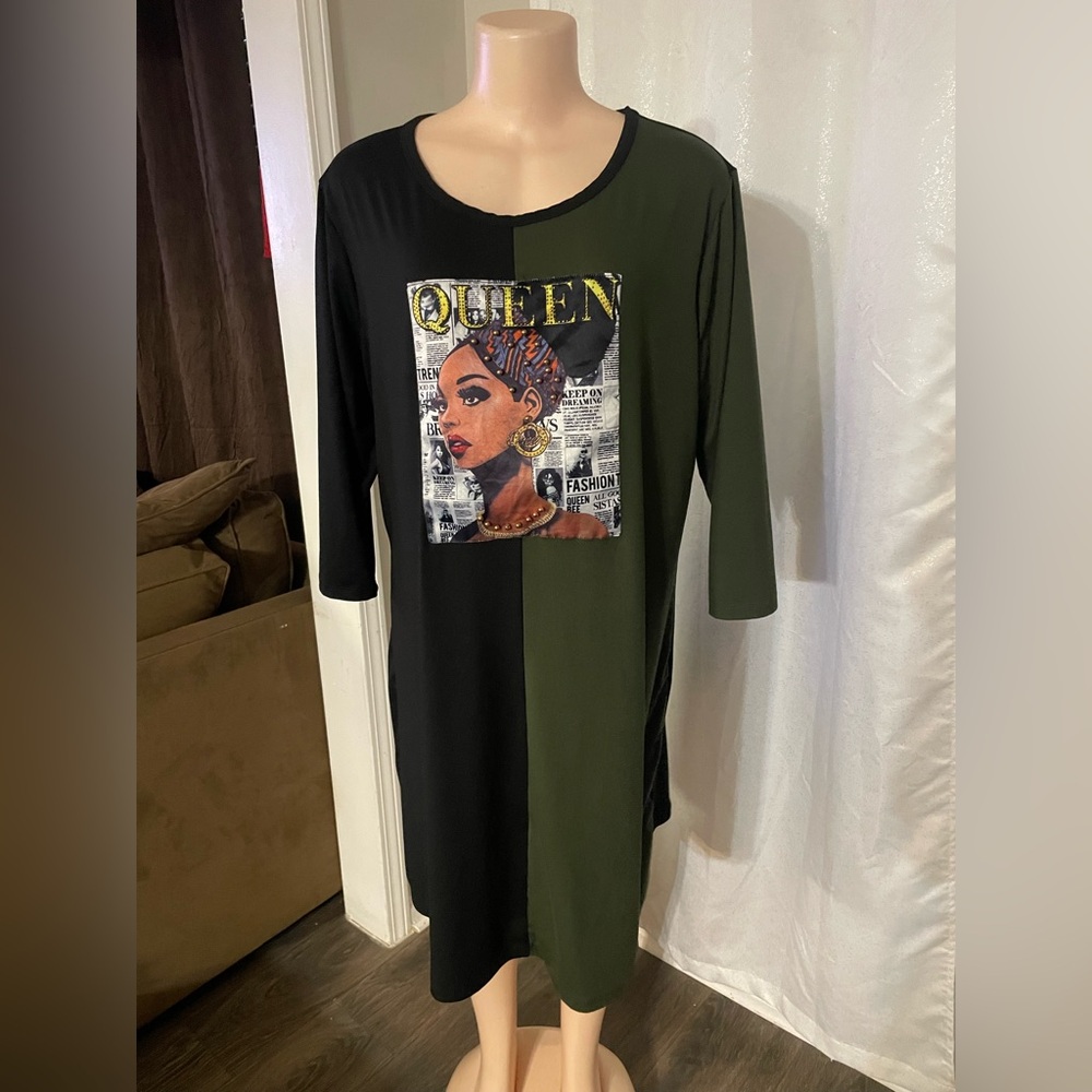 Lexington Avenue Black and Green Graphic tunic Dress African Queen embellish 2XL